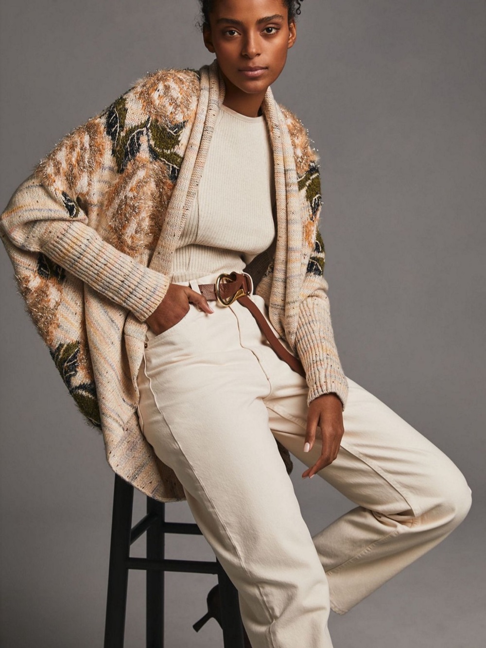 Anthropologie Cozy Floral Knit Cardigan in Beige, Olive & Gold